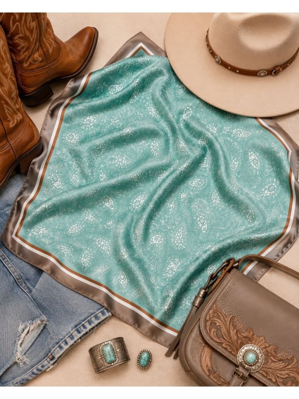 Aqua Teal Paisley Scarf 35x35 Satin Square Wild Rag Head Hair Scarf Western - Picture 4 of 6